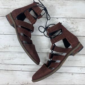 Freda Salvador Ghillie Gladiator Lace Up Oxford Brown Sandals Pointed Wrap Up